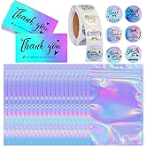 630 Pieces Thank You Cards and Stickers Set with 30pcs Resealable Packaging Bag 500pcs Small Business Roll Stickers 100pcs Thank You Business Card for Business (Holographic)