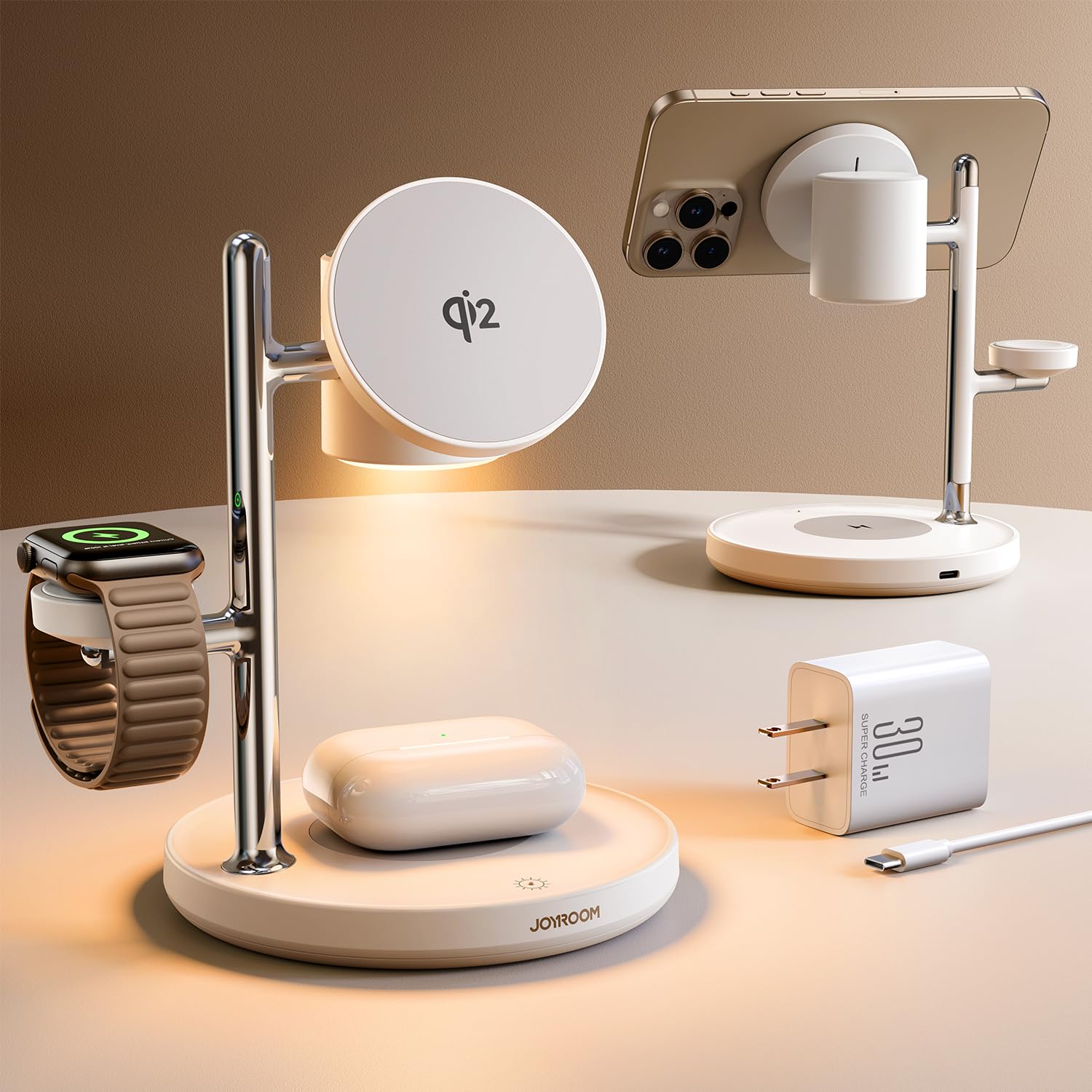 Photo 1 of 15W MagSafe for JOYROOM, Fast Qi2 Certified 4-in-1 MagSafe Charging Station for Apple, Wireless Charger for iPhone 17/16/15 Pro Max, Pixel 10/9, iWatch, AirPods 4/3/2/Pro(Cable& 30W Adapter Included)