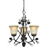 VAXCEL Sierra 3 Light Mini Bronze Chandelier, Pinecone Design, Black Walnut Finish, Frosted Scavo Glass, Rustic Indoor Lighti