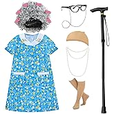 KEALIANA 100 Days of School Old Lady Costume for Kids - Grandma Costume Set with White Wig, Glasses, Cane, Dress
