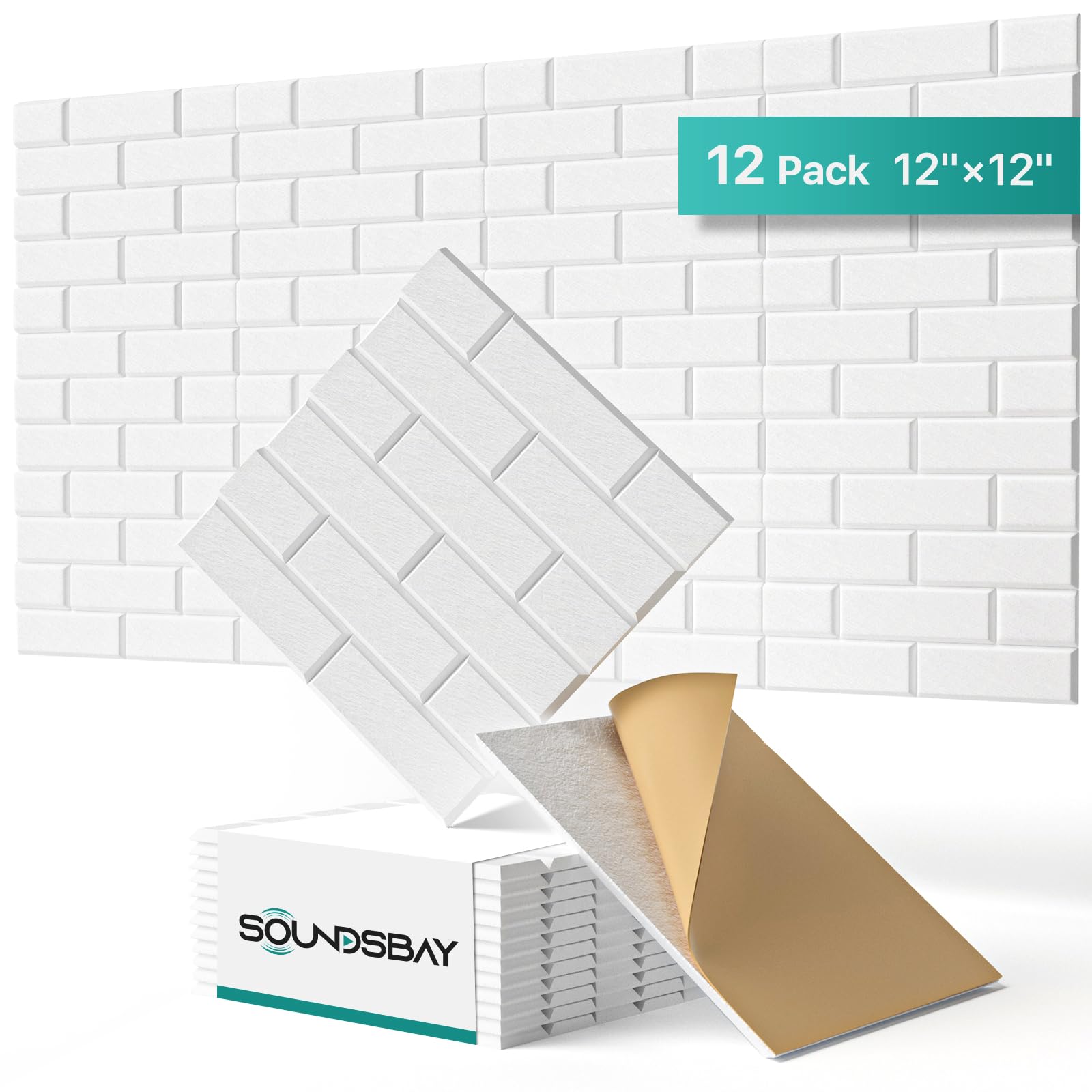 Photo 1 of Soundsbay Acoustic Panels Self Adhesive, 12 Pack High Density Sound Proof Foam Panels for Walls, 12" X 12" X 0.4" Soundproof Wall Panels, Brick Acoustic Wall Panels for Home, Ceiling White