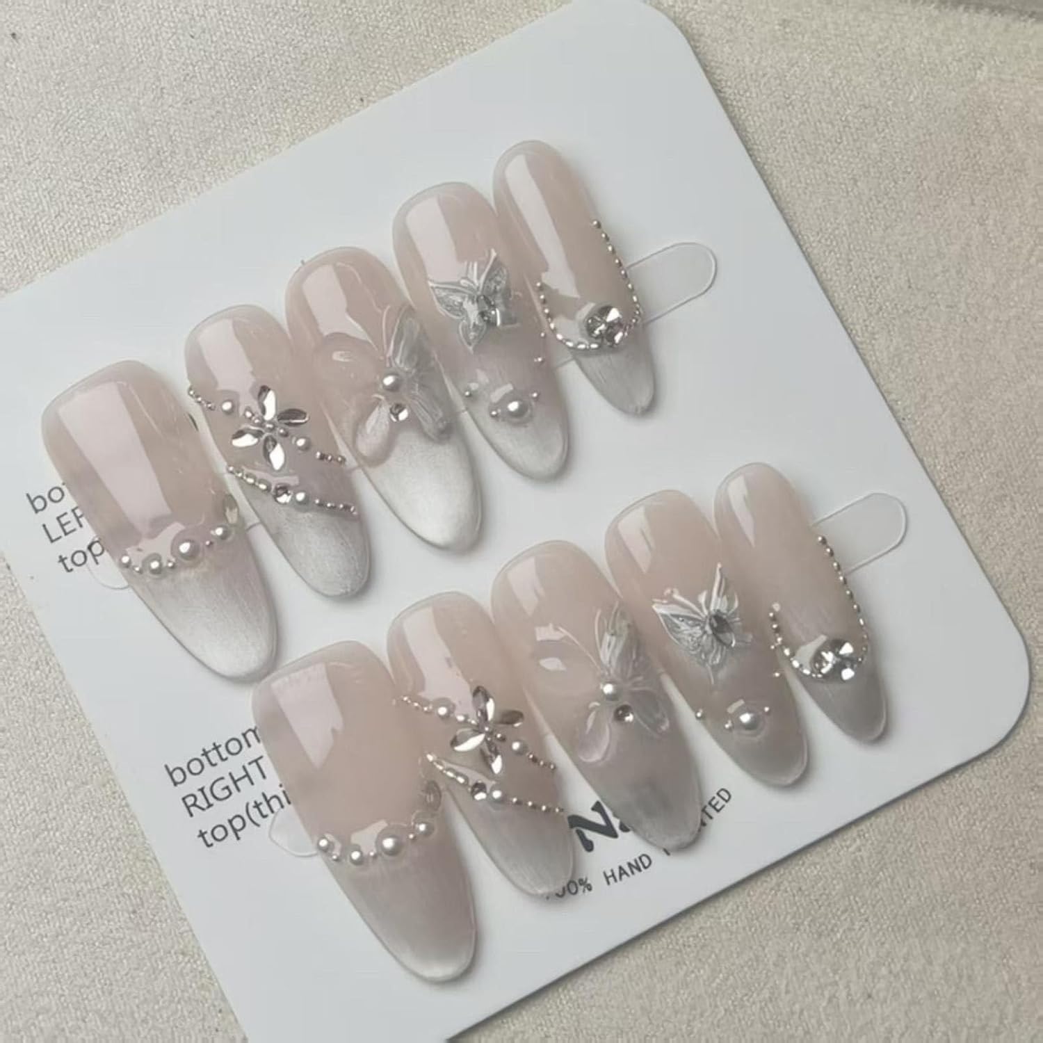Photo 1 of 100% 5D Handmade Press on Nails with Charms Long Almond Nails Press ons- Rhinestones Pearl Butterfly False Nails Ombre Nude Press on Nails Gradient Fake Nails for Women DIY Manicure Size S