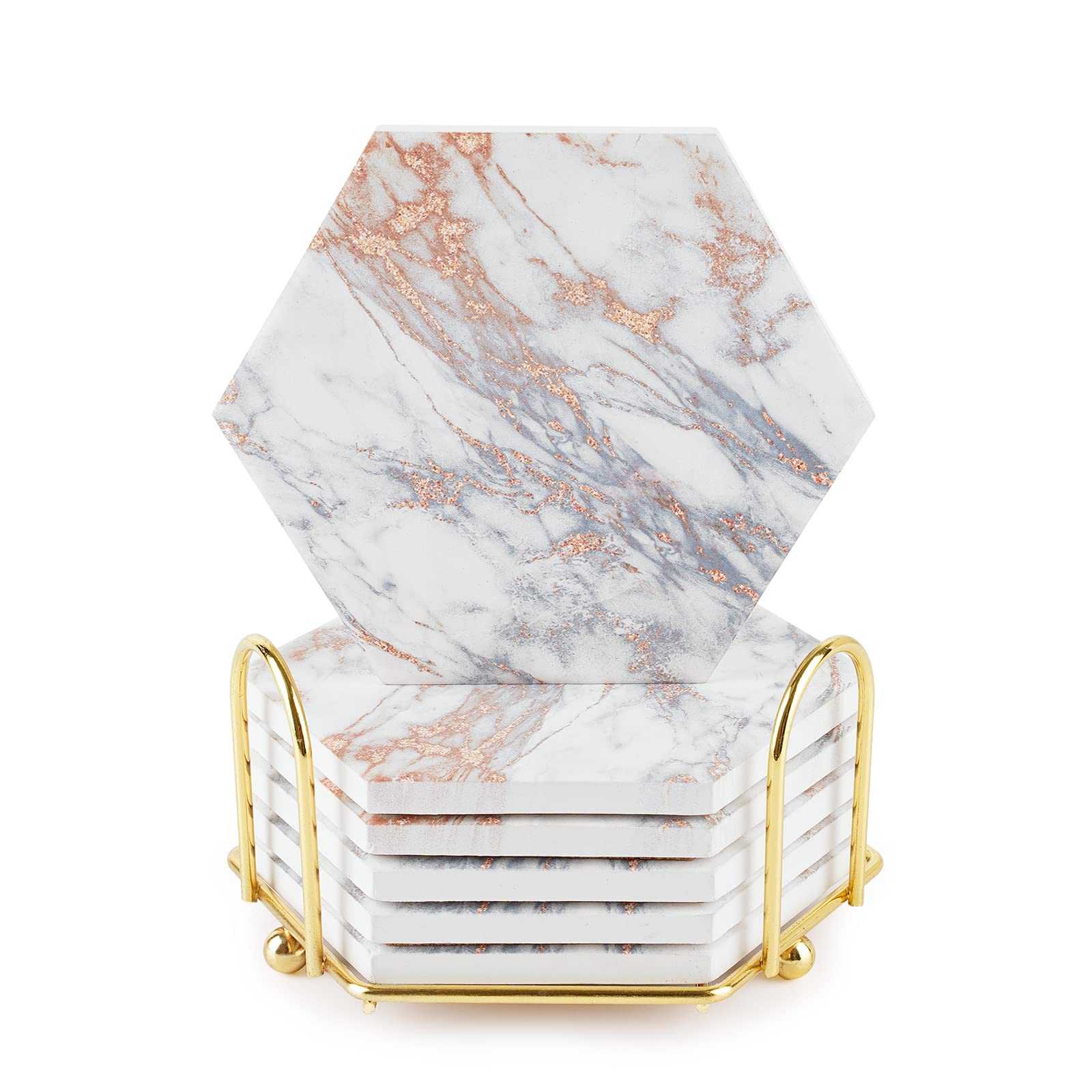Marble Coasters for Drinks Absorbent with Cork Base,Drink Coasters Set of 6 for Table,Ceramic Coaster with Holder,Home Decor Coffee Cup Beverage Wine Beer Bar Coaster (Gold07)