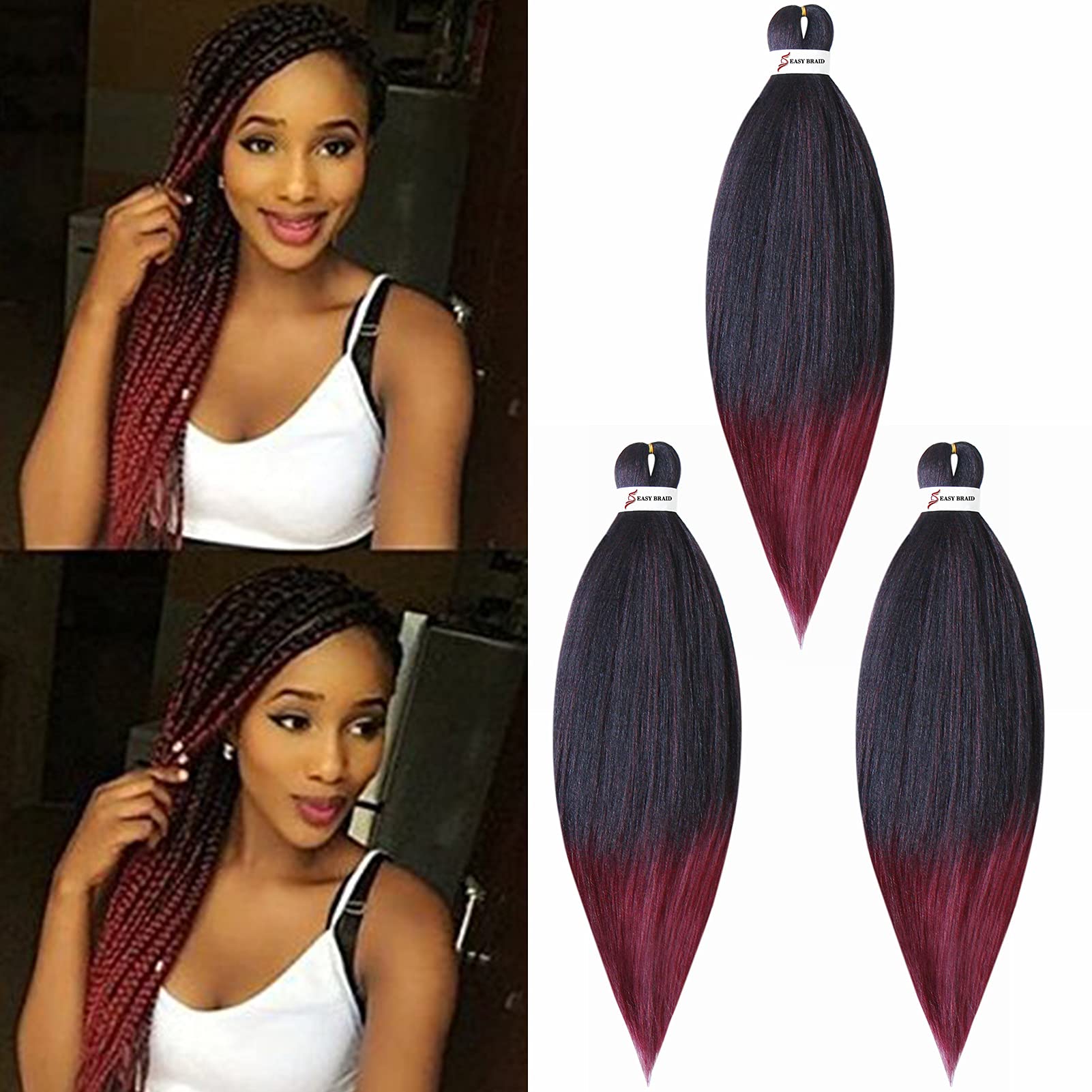 Pre stretched Braiding Hair Easy Braid Professional Hair Extensions Hot Water Setting Synthetic Fiber Crochet Twist Hair Yaki Texuture Itch Free Long Soft (26inch 3packs Black&Wine Red)
