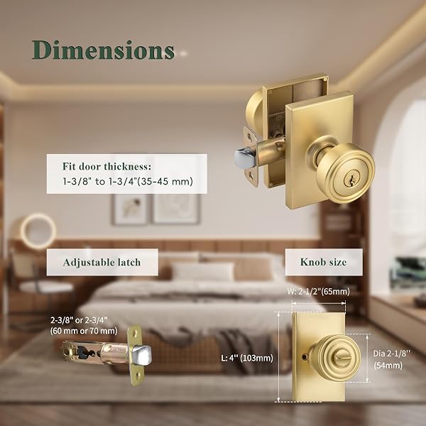 PARRO GOLD DOOR KNOBS INTERIOR & EXTERIOR, KEYED ENTRY DOOR KNOB FOR BEDROOM & LIVING ROOM, SATIN BRASS PISMO DOORKNOBS
