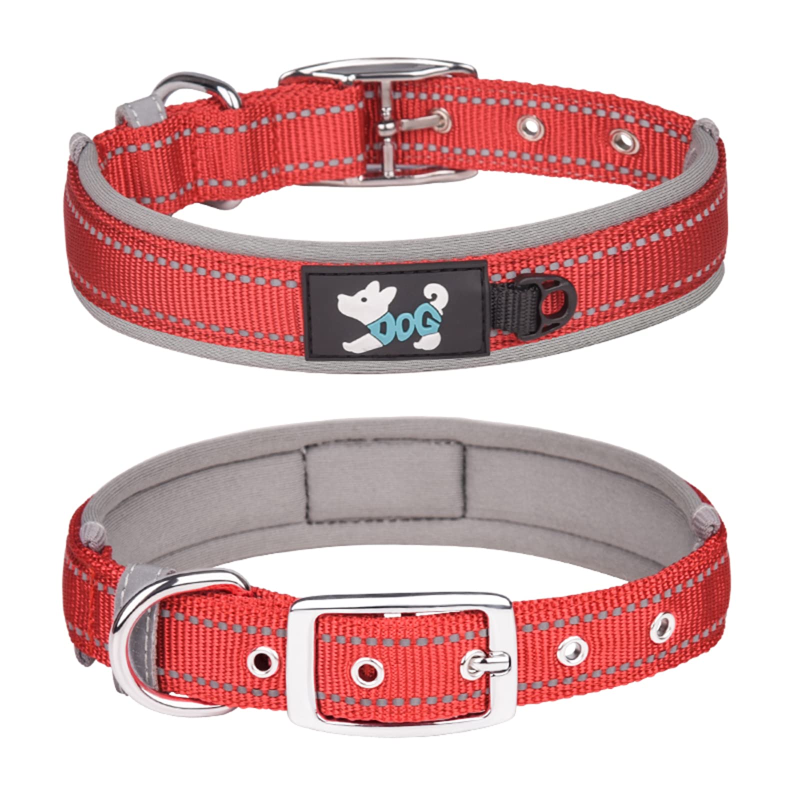 Haoyueer Comfortable Soft Neoprene Padded Dog Collar, Reflective Pet Collar, Adjustable Heavy Duty Nylon Dog Collar for All Breeds Large Dogs (XL, Red-1)