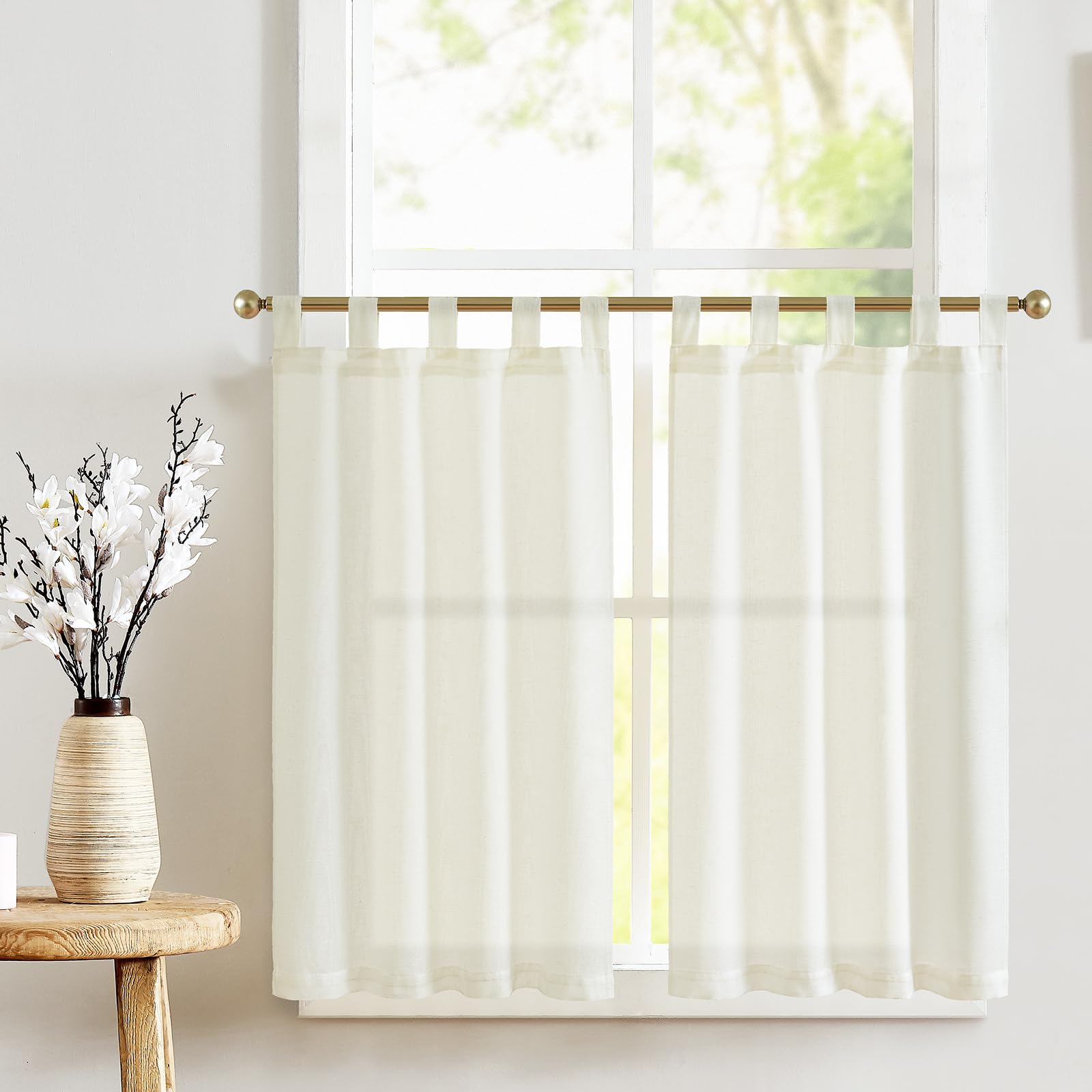 TOPICK Kitchen Curtains 36 Inch Length Linen Textured Bathroom Window Curtains Short Cafe Curtains for Small Window Treatment 2 Panels White