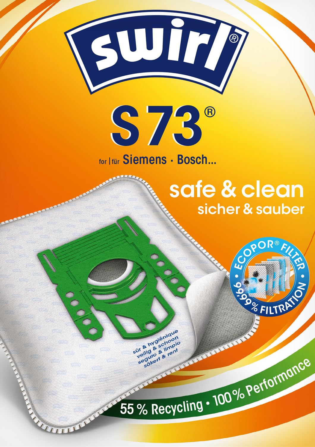 Swirl S 73 Vacuum Cleaner Bags, For Bosch and Siemens Vacuum Cleaners, Pack of 10 Bags + 2 Anti-Allergen Filters