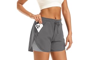APWKL Women's 2 in 1 Athletic Running Shorts Quick Dry Workout Casual Gym Sweat Shorts Mesh Comfy Liner Zipper Pockets