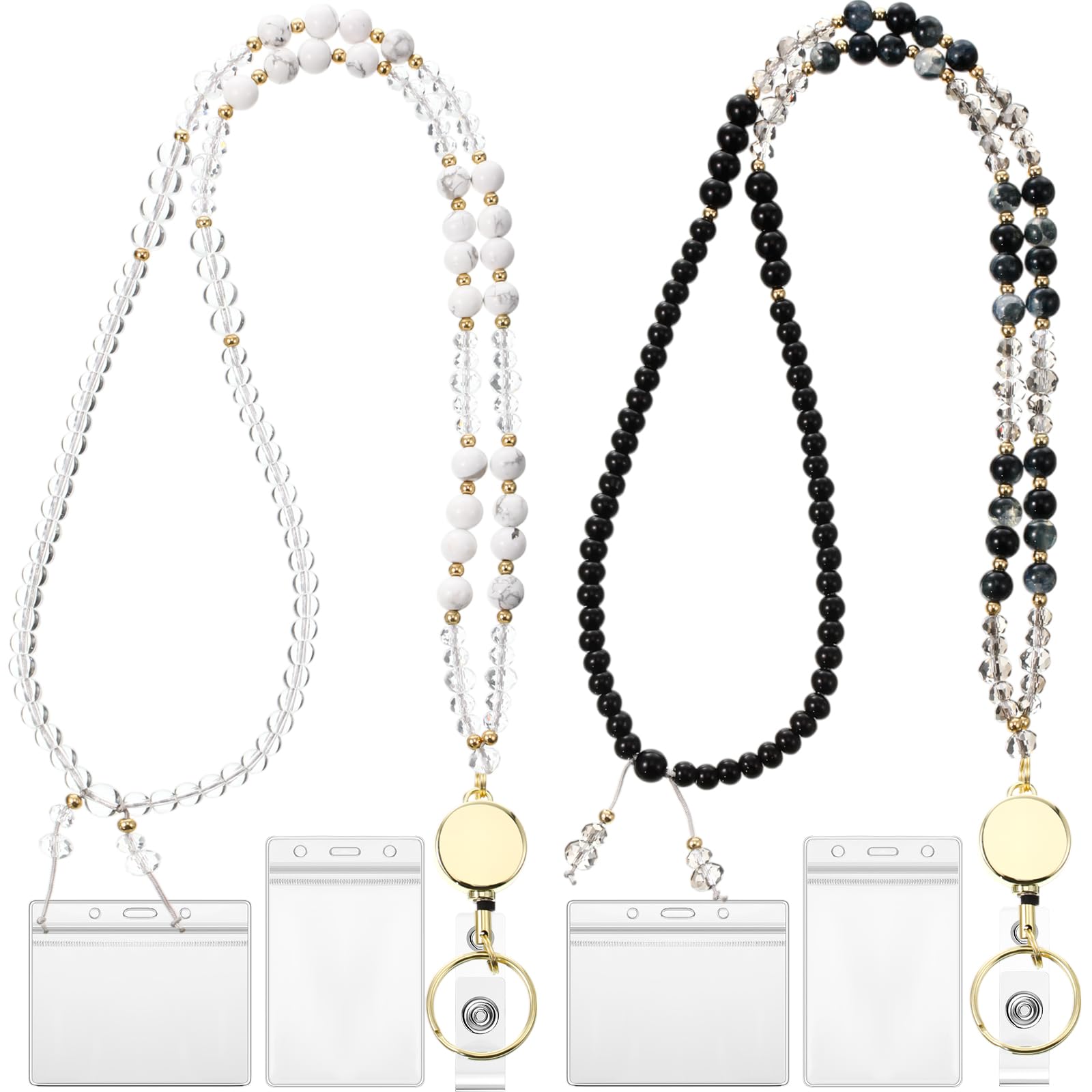 Photo 1 of Tondiamo 2 Pcs Retractable Lanyards for ID Badges and Keys Women Natural Stone Beaded Lanyards for ID Badges Holder Teacher with 4 Waterproof Name Card Holder(Black,White)