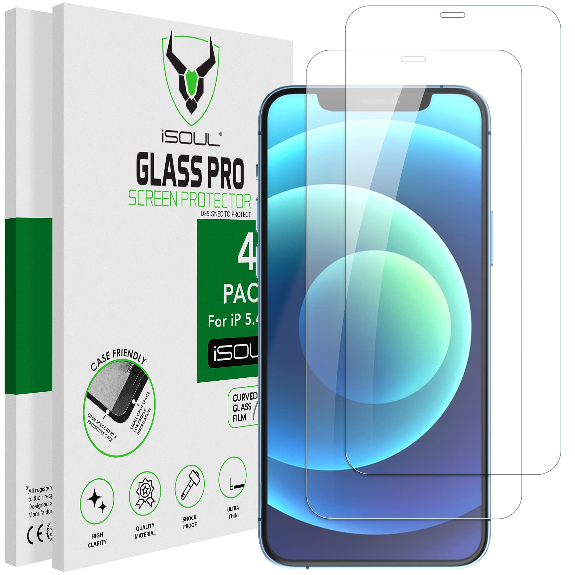 Screen Protector Compatible With iPhone 12 Mini 5.4 Inch, iSOUL Tempered Glass HD Film, 4-Pack
