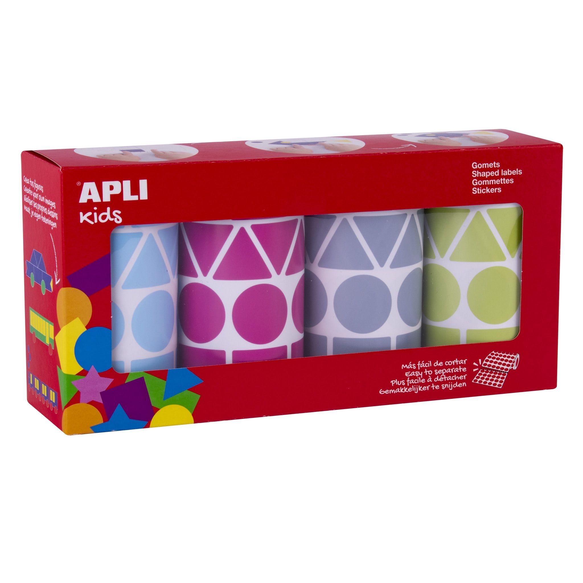 APLI Kids 19190 – Pack of 4 Rolls of Assorted Geometric Gummets 27 mm – Educational Stickers in Blue, Fuchsia, Grey and Green