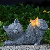 Solar Garden Statue with Glowing Butterfly, Outdoor Resin Cute Figurine with Solar Light, Waterproof Yard Decor for Patio, Lawn, Porch, and Unique Garden Gifts for Lovers (solar cat statue grey)