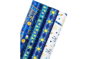 WRAPAHOLIC Hanukkah Wrapping Paper Roll - Blue Print Set with Glitter Matallic Foil Shine - 4 Rolls - 30 Inch X 120 Inch Per 