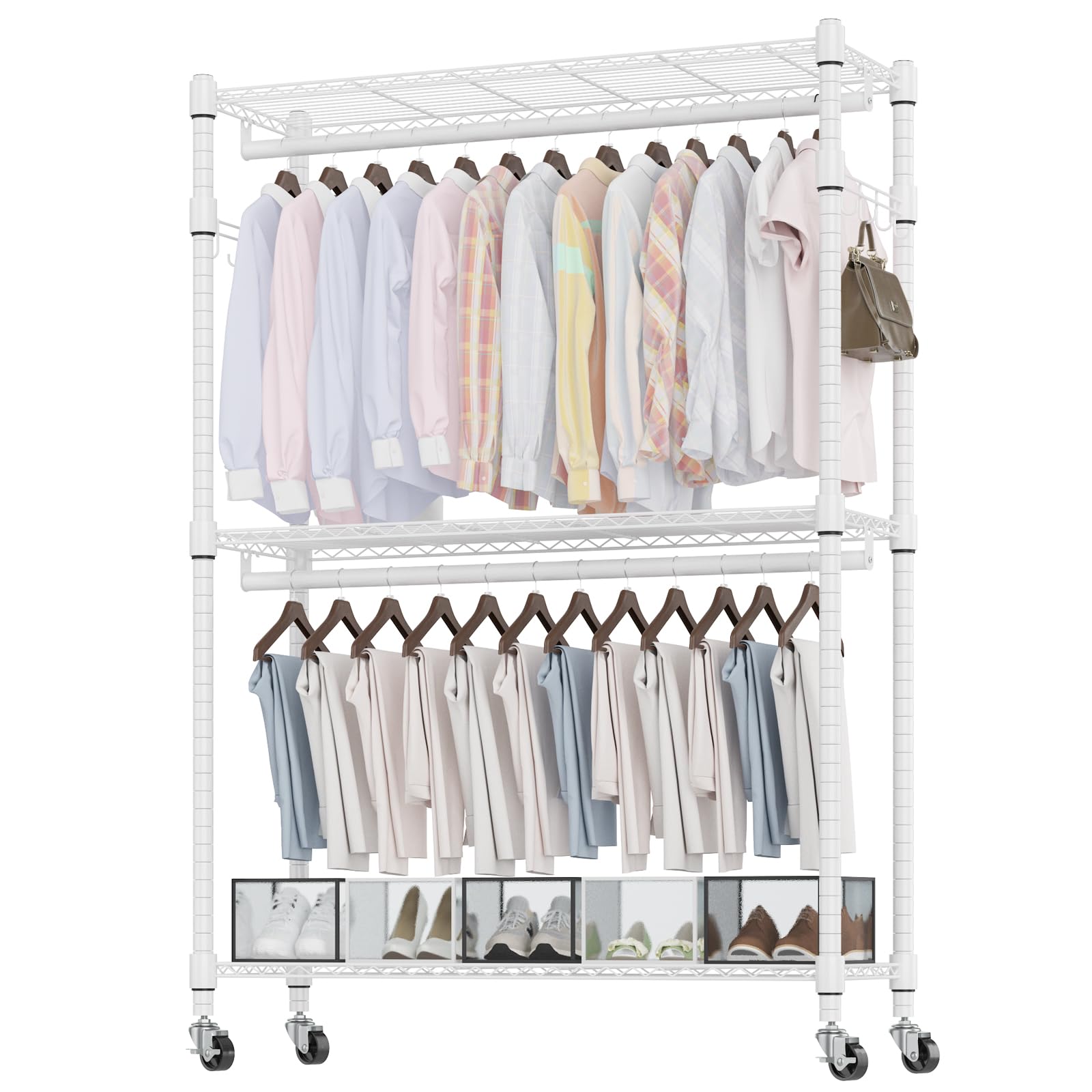 Photo 1 of Homdox 3 Tier Heavy Duty Garment Rack with Wheels, Adjustable Wire Clothes Rack with Double Hanging Rods, Portable Closets for Hanging Clothes with Side Hooks, White