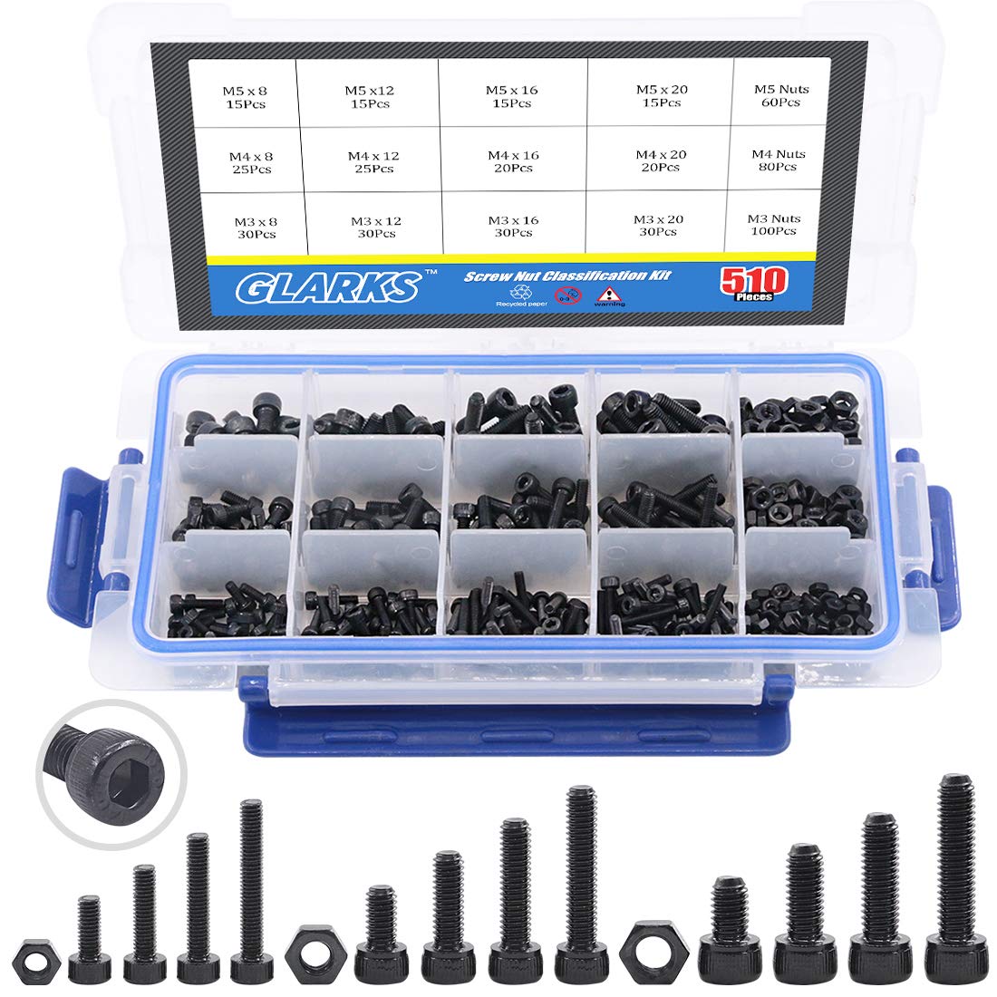 Glarks 510Pcs M3 M4 M5 12.9 Grade Alloy Steel Socket Cap Bolts Screws with Nuts Assortment Kit, Black Oxide Finish