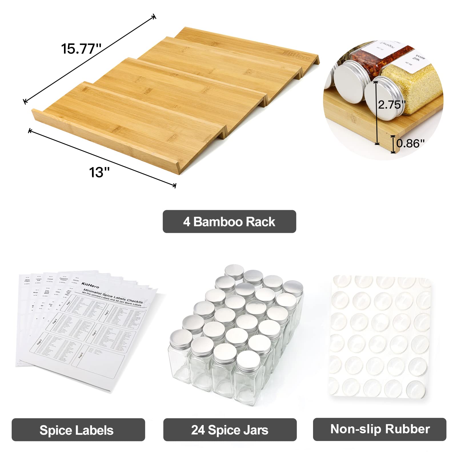 Spice Drawer Organizer with 24 Spice Jars and 216 Labels,Non-slip Rubber, Bamboo 4 Tier Spice Racks Tray Seasoning Containers for Kitchen Drawers,Cabinets,Countertops,13
