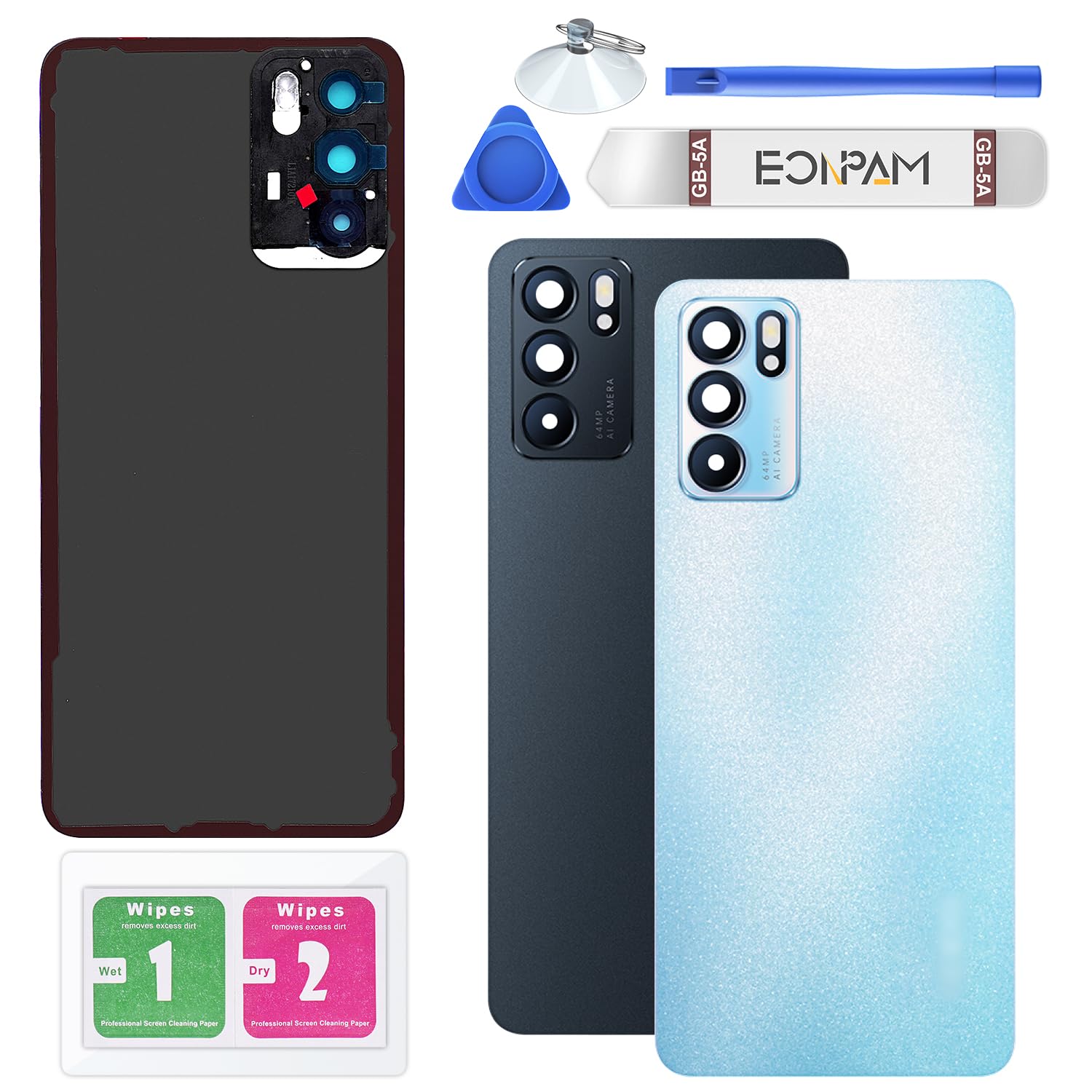 Eonpam Back Cover Glass for Oppo Reno6 5G Rear Glass Replacement with Camera Lens + Repair Kit Genuine Rear Housing (White)