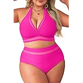 Tempt Me Women Plus Size Bikini High Waisted Swimsuits Mesh Tummy Control Two Piece Bathing Suit