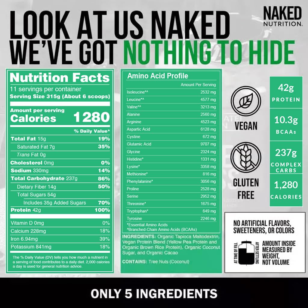 NAKED Vegan Mass - Chocolate Vegan Weight Gainer - 1,280 Calories, Non-GMO, Soy & Gluten Free, No Artificial Ingredients - 8LB Bulk - 11 Servings