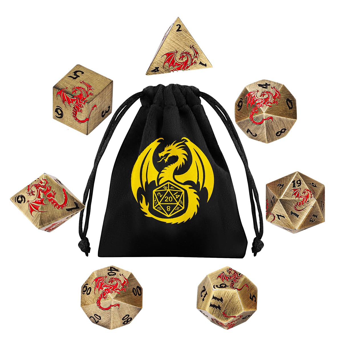 Retro Bronze Dice Set, DND Starter Set, 7Pcs Metal Polyhedral Dice, D&D Accessories for Role Playing Board Games, DND Gifts with Dragon Bag, Steampunk Dragon Gifts for Gamers