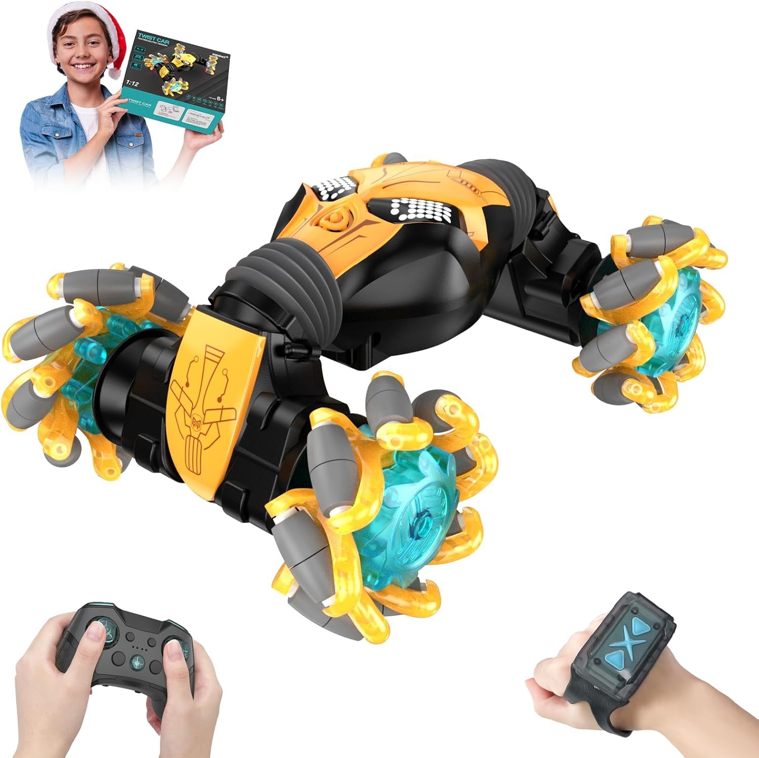 Photo 1 of 1:12 Gesture Sensing RC Stunt Car, 4WD Hand Controlled Remote Control Twist Cars with Light & Music, 360° Rotate Transform Drift, Gifts for 6-8-12 Kids Age 6 7 8 9 10 11 12 Yrs Old?