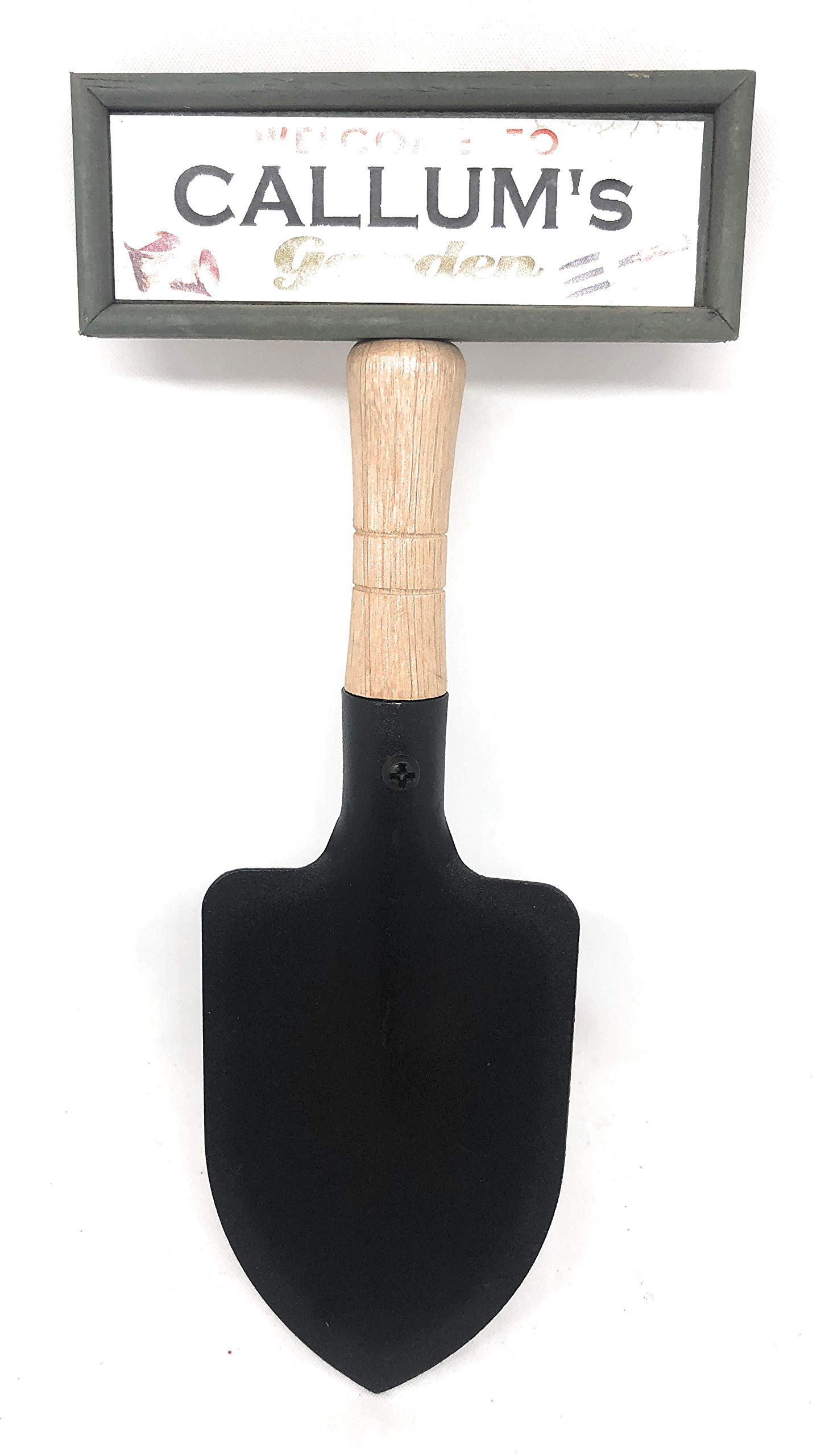 "Welcome to Callum's garden" hanging shovel sign