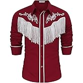 TURETRENDY Men's Western Cowboy Fringe Shirts Long Sleeve Embroidered Slim Fit Casual Button Down Shirts
