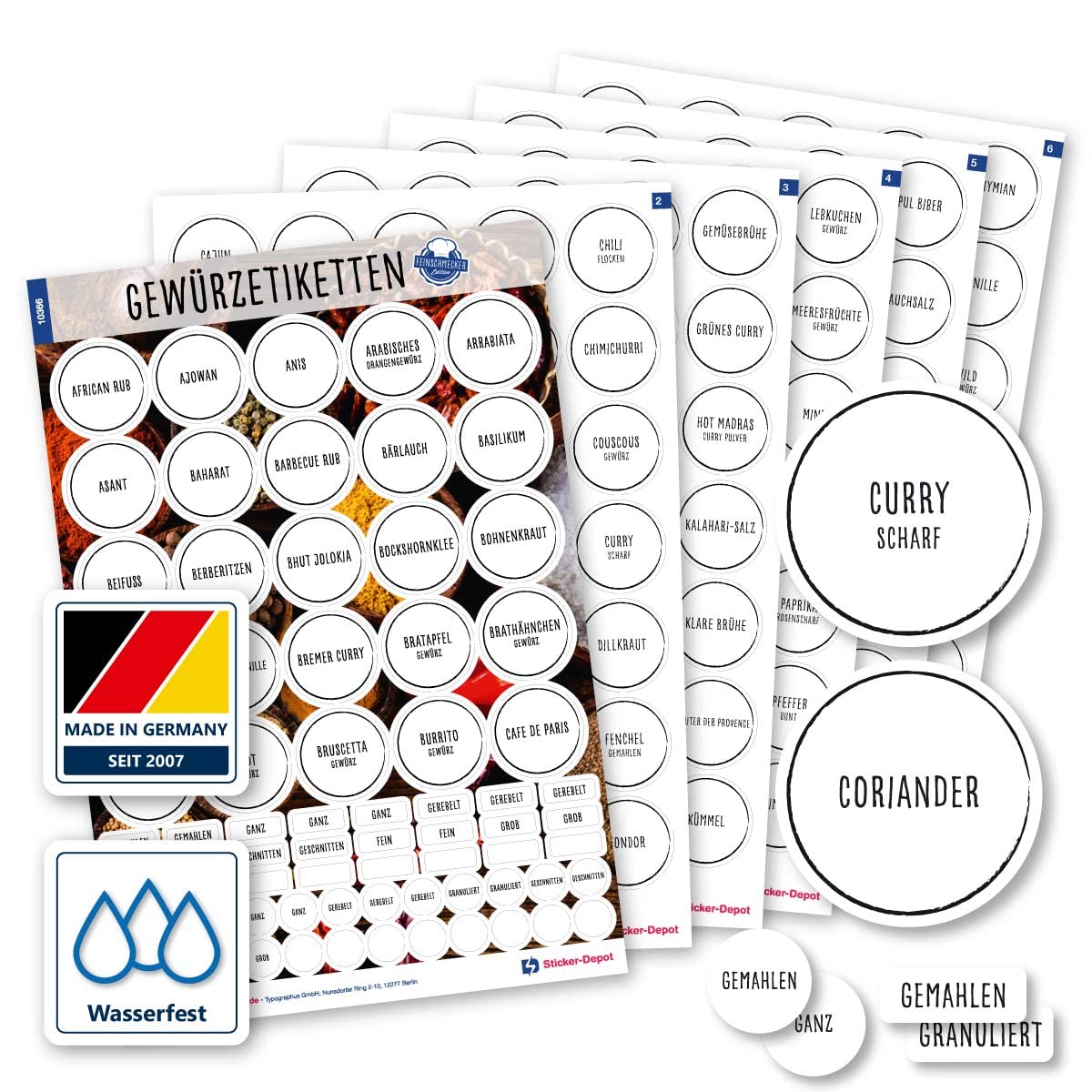 130 Round Spice Labels – Gourmet Edition XL, 38 mm Spice Stickers, Flour Salt and Sugar Waterproof for Jars, Cans and Shelves (Black/White)