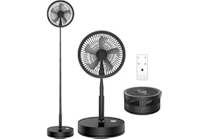 LIPETY Portable Oscillating Travel Fan with Remote - 7200mAh Rechargeable Battery Folding Standing Pedestal Fan Foldable Stand Up Tall Floor Sleeping Bed Fans for Home Bedroom (9 inch Black)