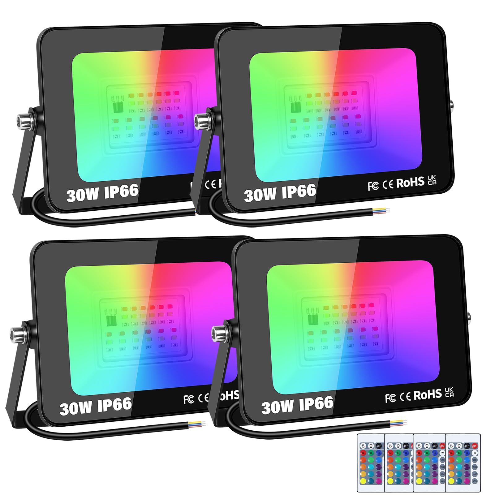 RIGIDON 4 Pack Outdoor RGB LED Floodlight, 30W Dimmable 16 Colour Changing Flood Lights for Garden, Courtyard, Landscap, Stage Decoration, IP66, Electric Mains Powered, Remote Control, 175-265V