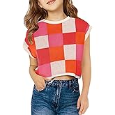 Haloumoning Girls Summer Crop Tops Color Block Vest Cute Tanks Cap Sleeve Tee Loose Kids Knit Top 5-14 Years