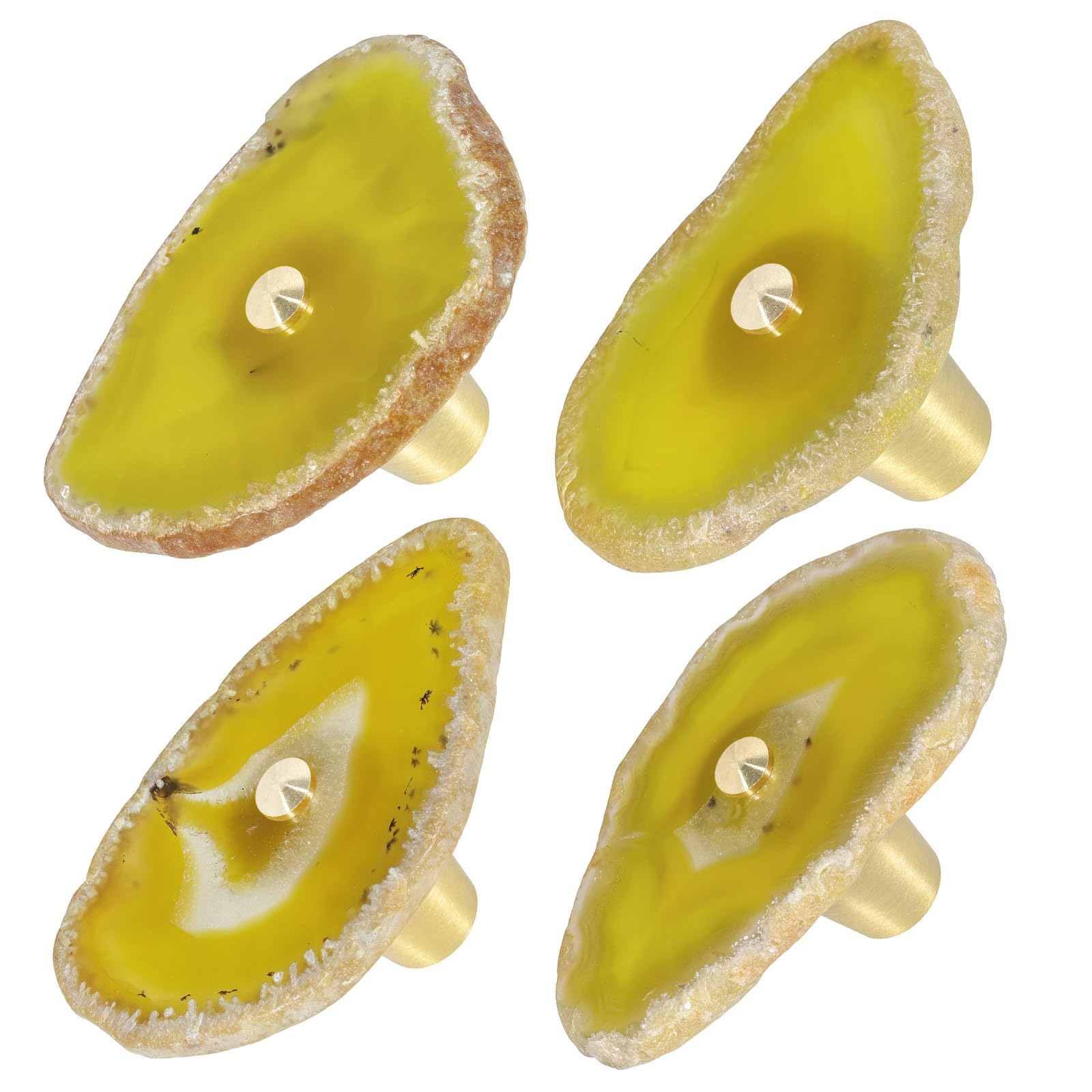 Mookaitedecor Set of 4 Yellow Agate Crystal Drawer Knobs with Screws, Irregular Yellow Crystal Stone Handles Pulls for Cupboard Cabinet Wardrobe Kitchen Unique Decorative Furniture Brass Knobs
