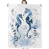 dongprom Seahorse Blanket Elegant Blue Watercolor Design and Ocean Botanical Throw Blankets Lightweight Flannel Throws for Camping Couch Chair Office Bed Home Decor Gifts for Adults,60x50inch