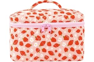 SOIDRAM Large Makeup Bag Quilted Makeup Bags Cute Cosmetic Bag for Women Girls Strawberry Coquette Aesthetic Toiletry Bag Travel Make Up Organizer Pink Skincare Bag