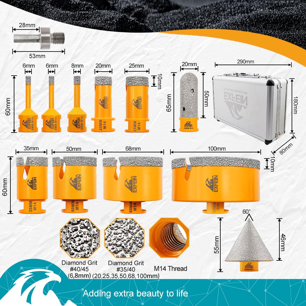 Diamant Fliesenbohrer Set 12 Stücke, 6/6/8/20/25/35/50/68/100MM EXFEIN M14 Diamantbohrer Lochsäge, 20mm Fingerfräser, 50mm Fasenfräser, Adapter für Fliesen Keramik Porzellan Marmor Granit 2