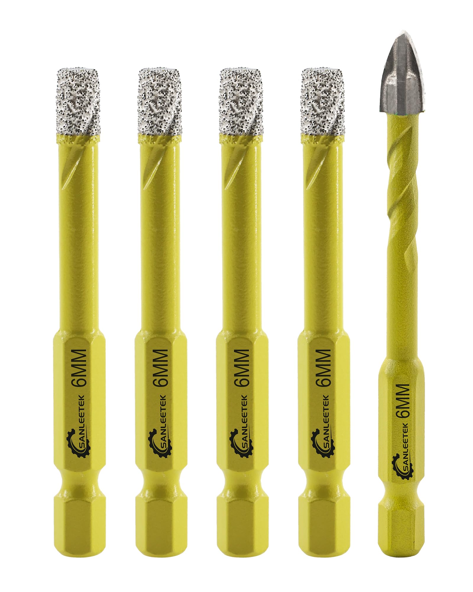 Dry Diamond Drill Bits Set - 4pcs 6mm SANLEETEK Hole Saw and 1pc 6mm Carbide Drill with Quick Change Hex Shank for Marble Granite Ceramic Porcelain Tile Stoneware Quartz — image 1