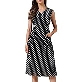 Allegra K Polka Dot Dress for Women Sleeveless V Neck Tie Waist Chiffon Summer Business Casual Dresses with Pockets