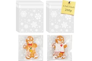 CUDICY Christmas Cookie Bags 200pcs Snowflake Cellophane Treat Bags 5.5x5.5 Self Adhesive Cookie Bag for Gift Giving Packaging Candy Goodie Holiday Homemade Bakery