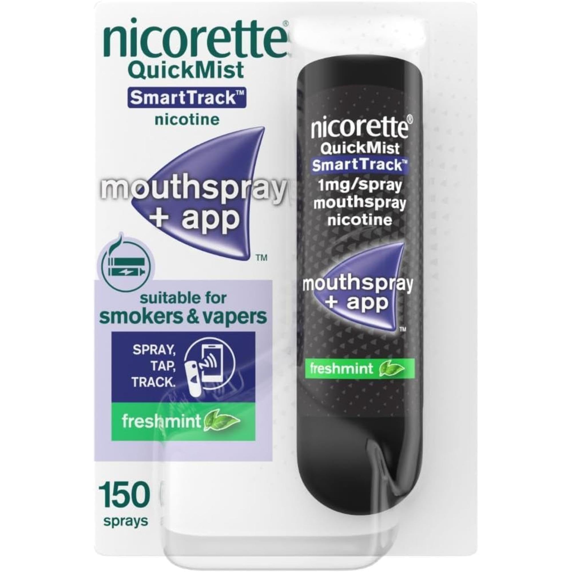 Nicorette QuickMist SmartTrack Mouthspray (1 x 150 Sprays), Freshmint, Quit Vaping or Quit Smoking Aid designed to start reducing cravings in 30 Seconds, Smoking or Vaping Cessation Aid