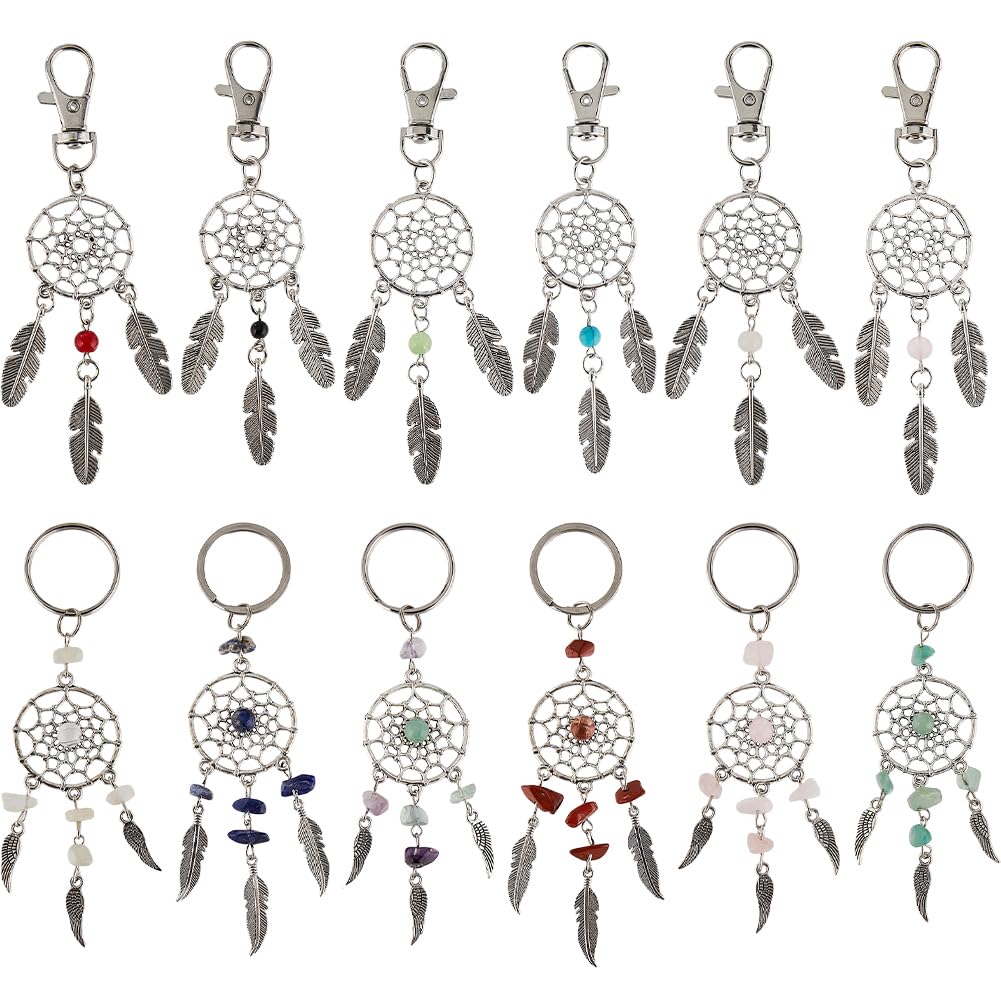 SUNNYCLUE 1 Box 12 Styles Dream Catcher Keychain Bohemian Style Stone Keychains Bulk Natural Chip Gemstone Beads Feather Charms Keyring Lucky Crystal Chakra Beads Key Chains for Bag Home Ornaments