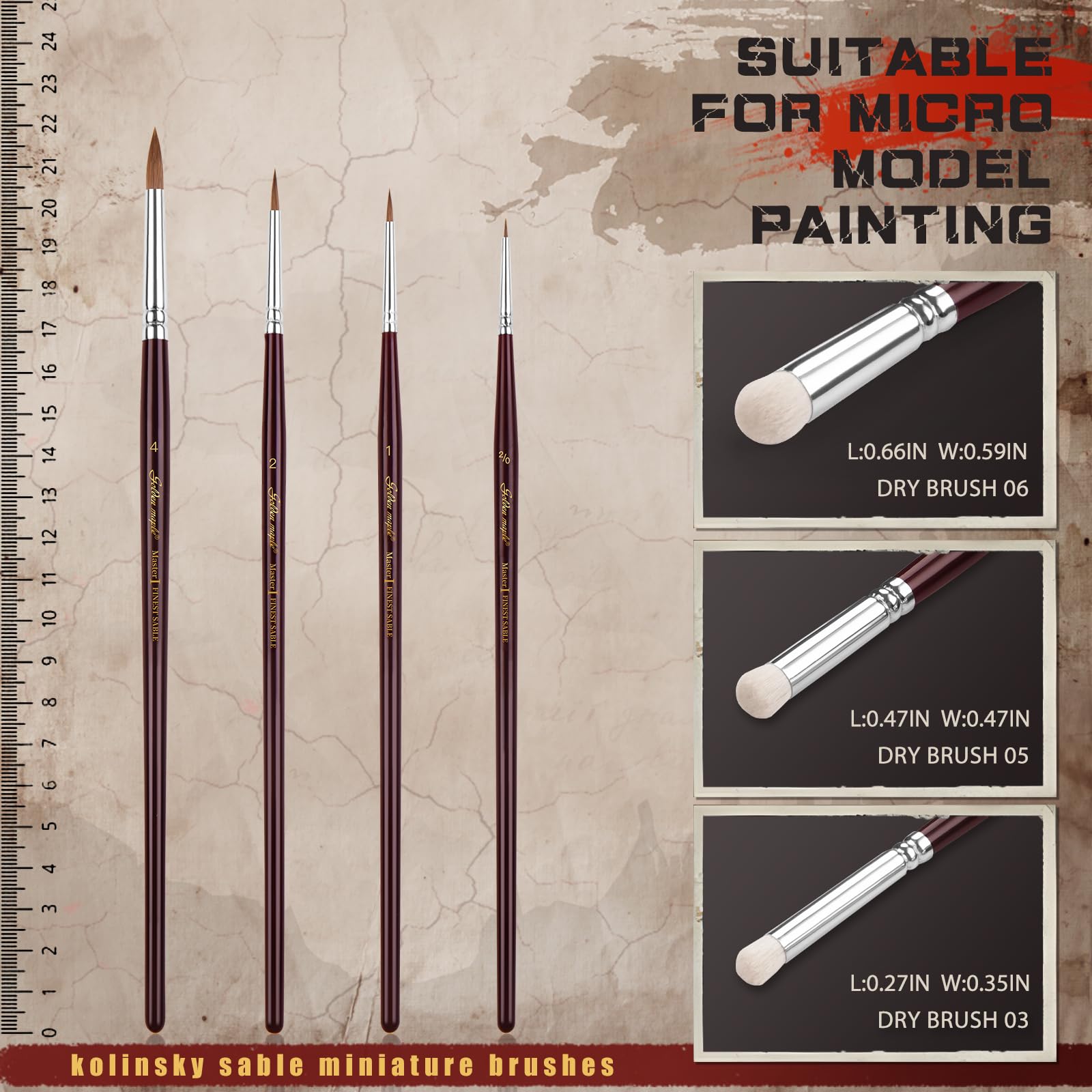 Golden Maple 7pc Drybrush Feine Pinsel, 3pc Drybrushes & 4 Kolinsky Pinsel for Miniaturfür, Modellmalerei Painting, Oil Acrylic Gouache Inks, 7 Größen 7