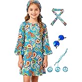 FechDitchly 6Pcs 60s 70s Outfits for Kids, Hippie Costume for Girls Colorful Dress Party Halloween Cosplay 4-14 Years