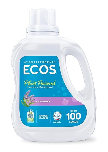 ECOS LAUNDRY DETERGENT LIQUID, 100 LOADS – DERMATOLOGIST TESTED LAUNDRY SOAP – HYPOALLERGENIC, EPA SAFER CHOICE CERTIFIED, PLANT-POWERED – LAVENDER, 100 FL OZ