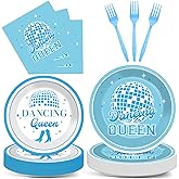 Justforjoyful 96Pcs Dancing Queen Party Supplies Dancing Queen Paper Plates Napkins Disposable Blue Disco Party Tableware Set 70s Disco 17th Birthday Dinnerware for Bachelorette Decoration Serve 24