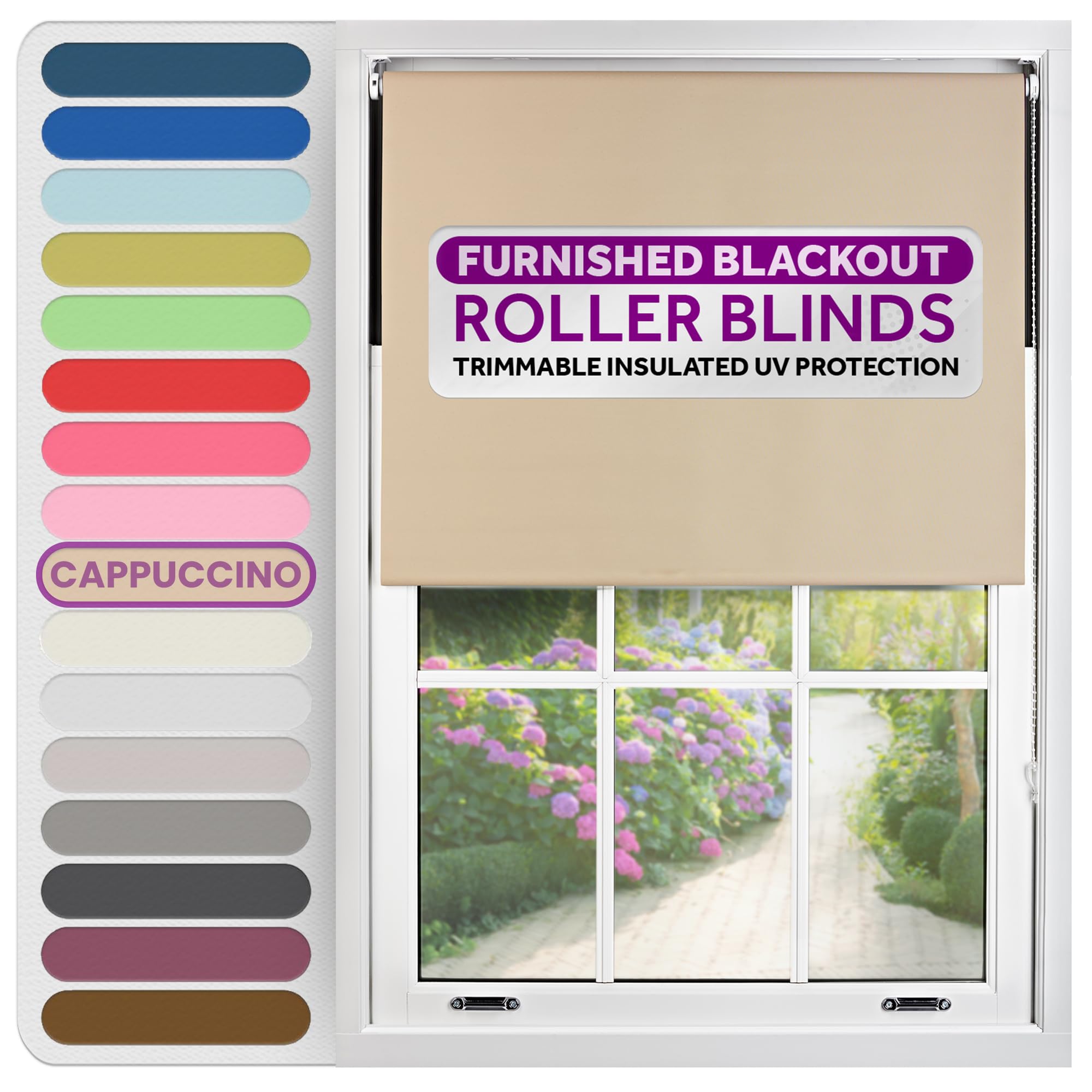 FURNISHED Roller Blinds Thermal Blackout Roller Blind - Trimmable Insulated UV Protection Child Safe Easy Fit Home Office Window Blinds, Cappuccino, 60 cm Wide x 165 cm Long