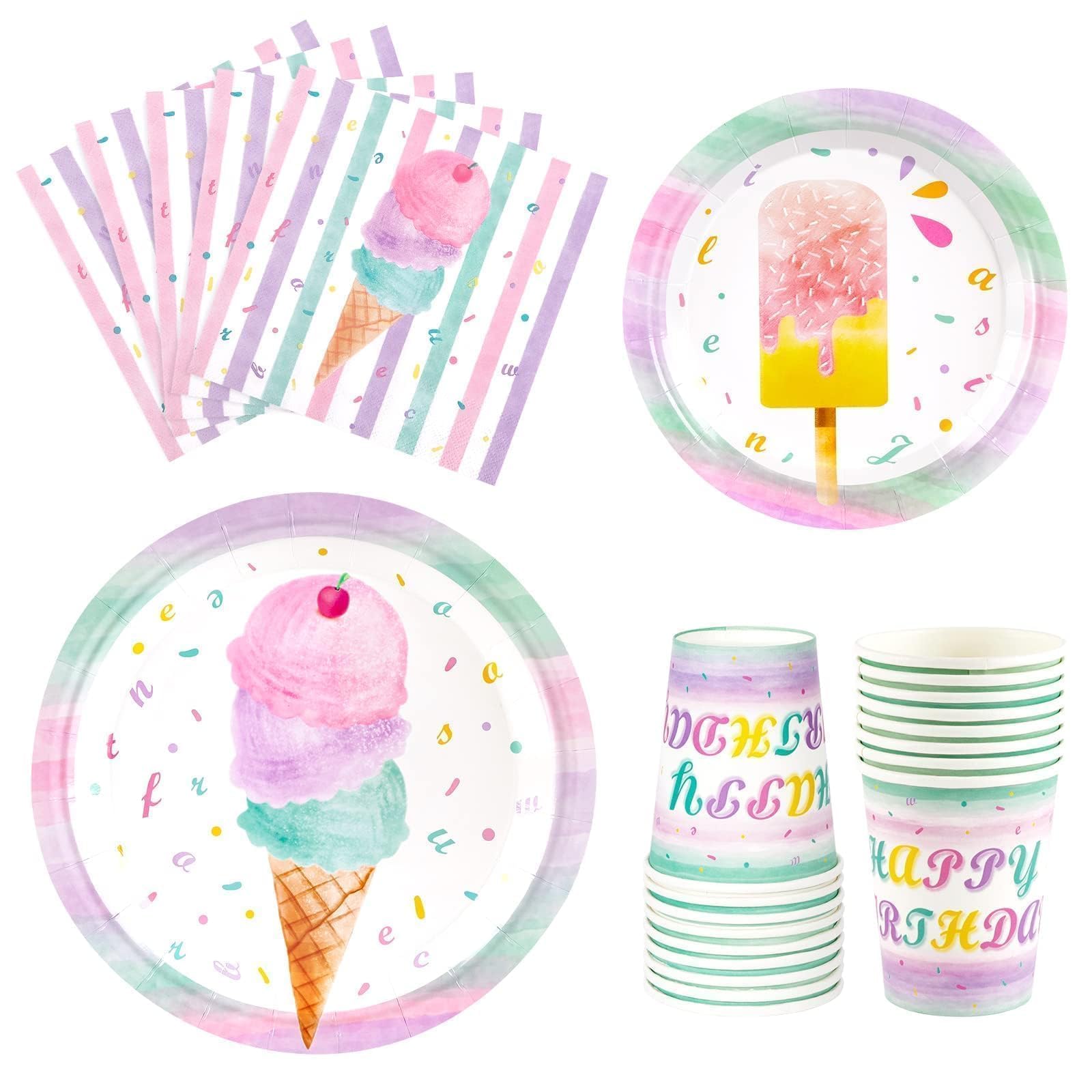 WERNNSAI Ice Cream Plates Napkins and Cups - Ice Cream and Popsicle Theme Party Supplies for Girls Birthday Party Tableware Dinnerware Dessert Plates Luncheon Napkins 16 Guests 64PCS