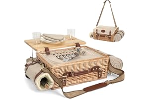 Multifunctional Wicker Picnic Basket Set for 2 with Blanket and Picnic Table, Insulated Picnic Set with Full Tablewares for C
