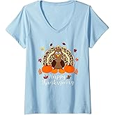 Womens Happy Thanksgiving Turkey Day Leopard Print Pumpkin V-Neck T-Shirt