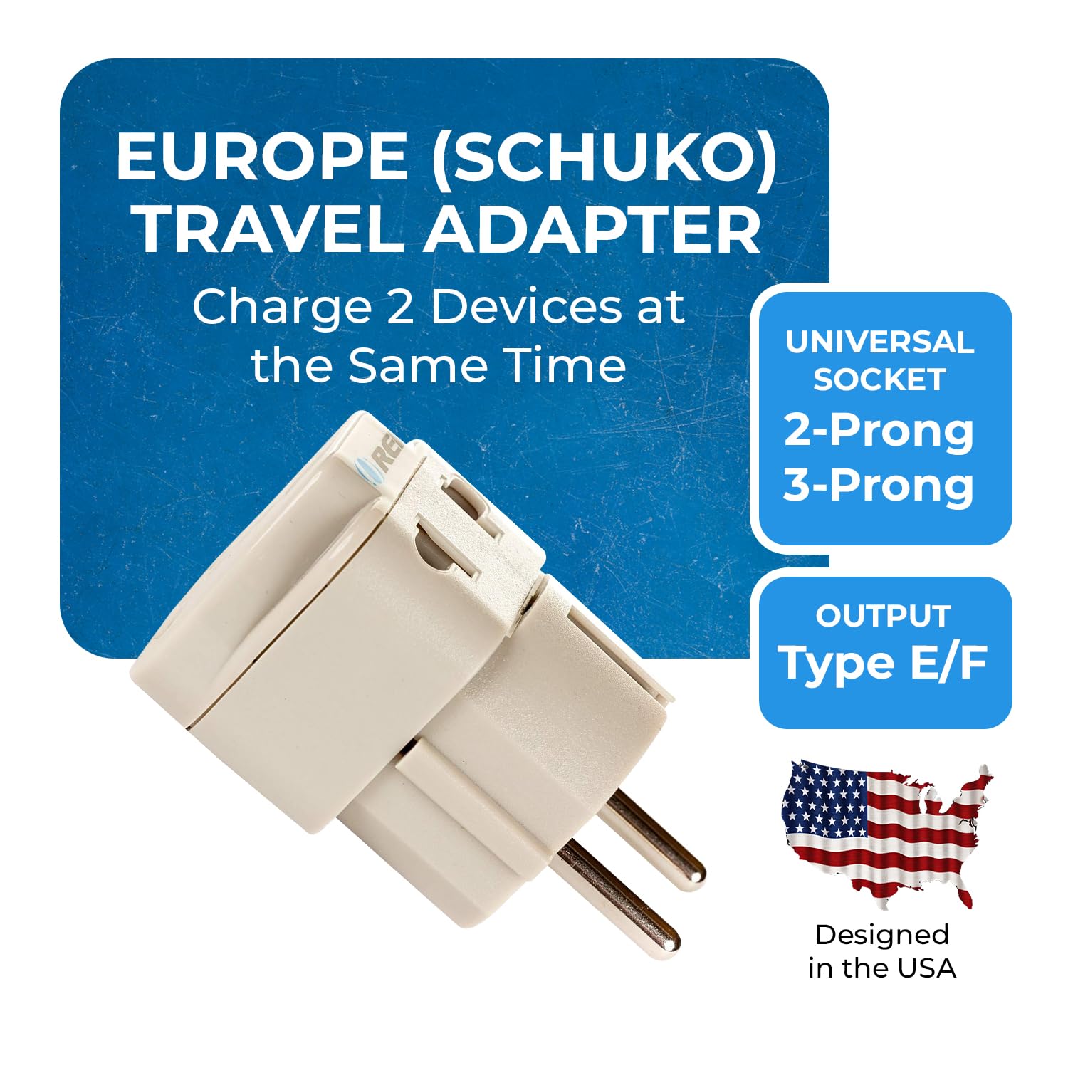 OREI European Power Adapter Plug, Perfect for Travel To Europe, Germany, France, Spain, Norway, Korea - Universal Socket - Type E/F Outlet - 2 Inputs - Safe Grounded Connection